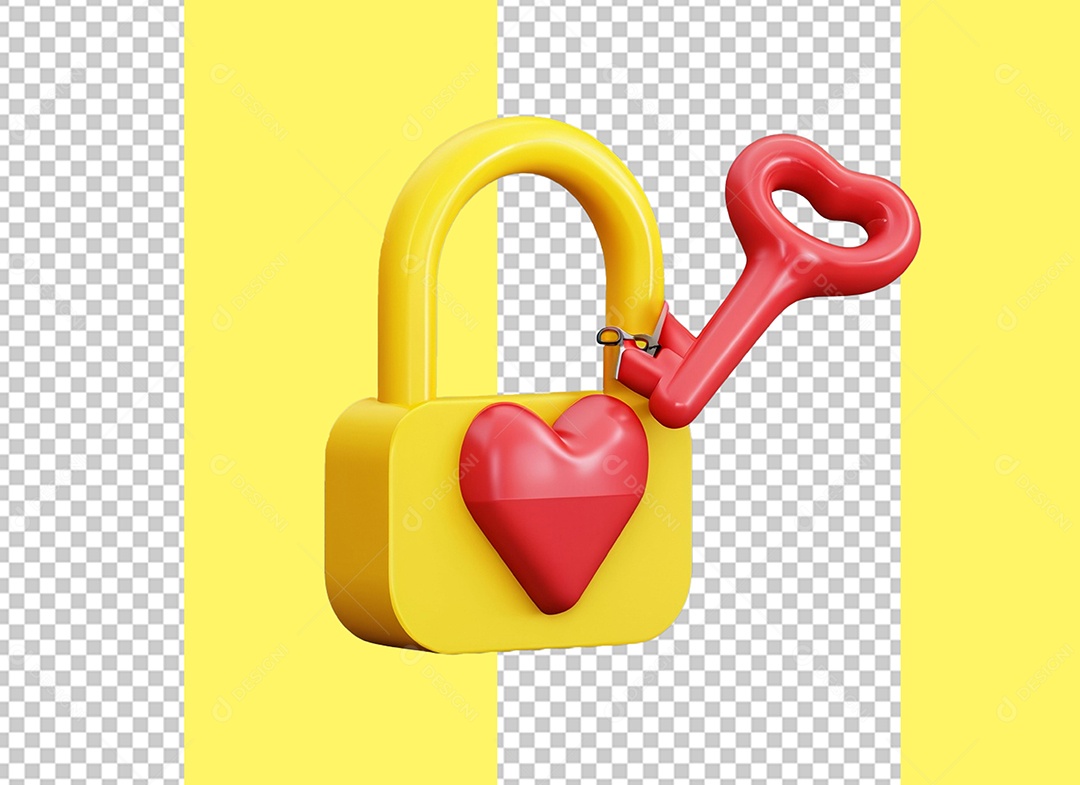 Cadeado de com Fechadura de Coração e Chave Vermelha Elemento 3D para Composição PSD