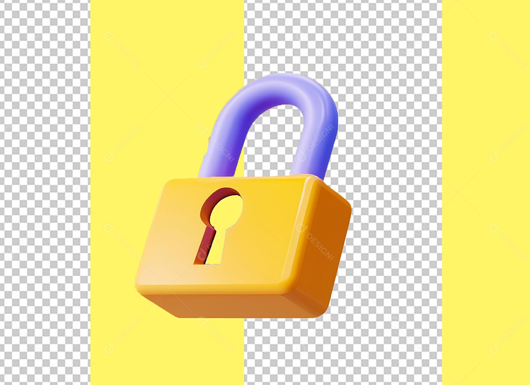 Cadeado de Fechadura Elemento 3D Amarelo e Roxo para Composição PSD