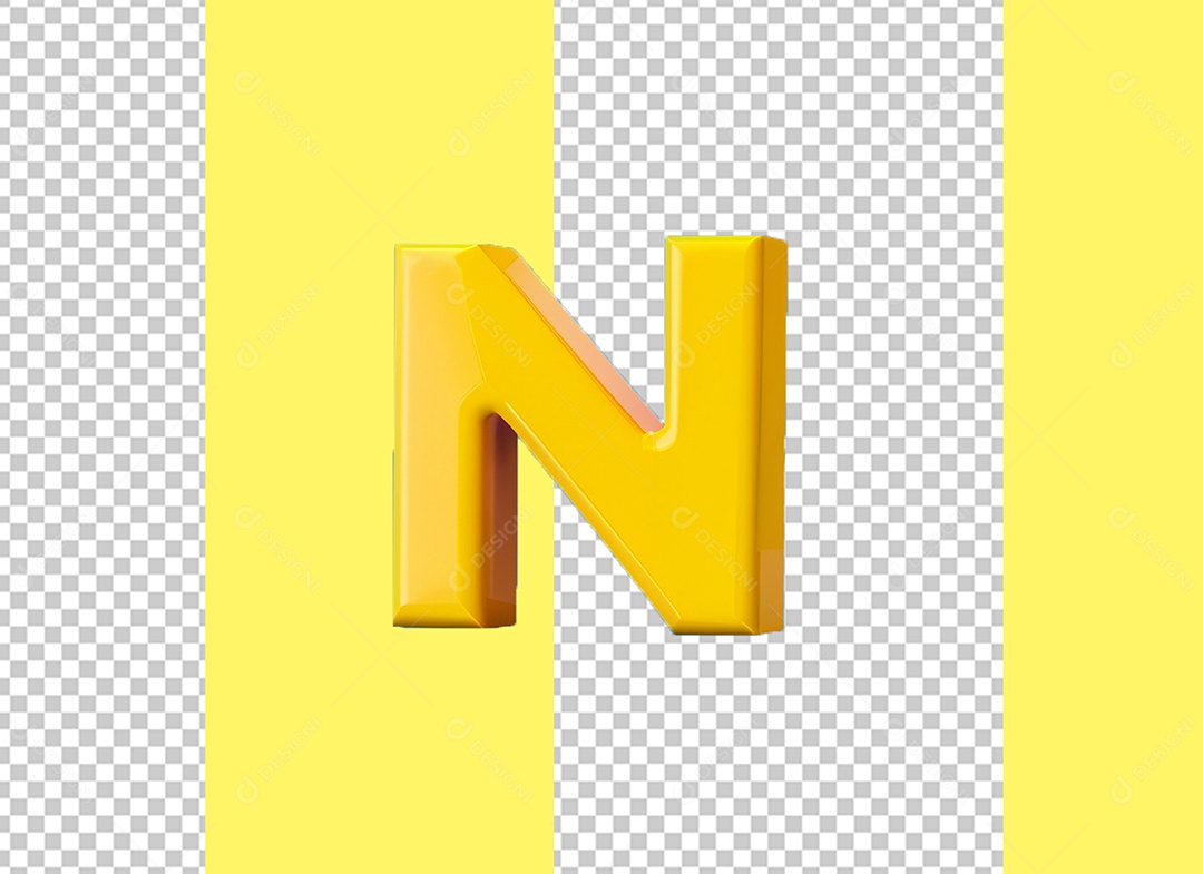 Letra N Maiúscula Elemento 3D Amarelo para Composição PSD