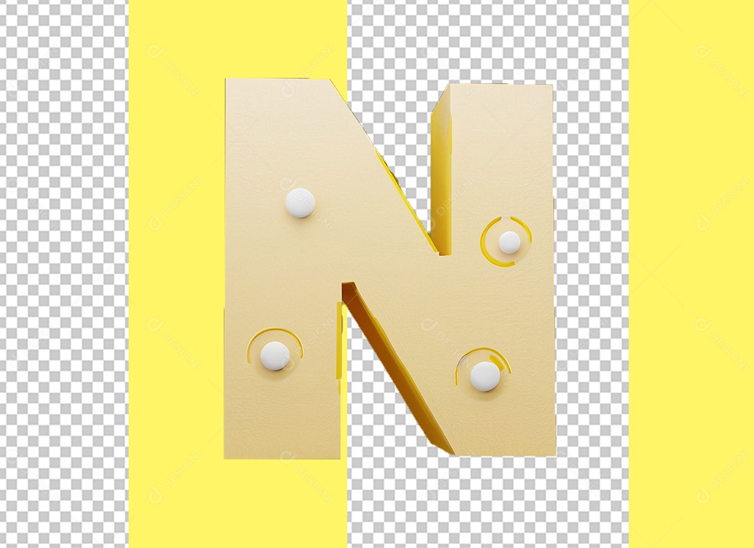 Letra N Maiúscula Elemento 3D Amarelo para Composição PSD