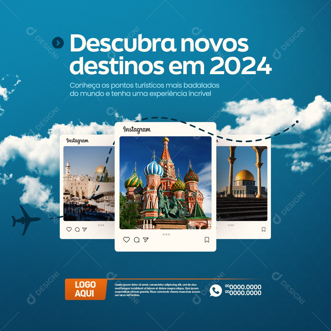 Agência de Viagens Descubra Novos Destinos em 2024 Conheça os Pontos Turísticos Social Media PSD Editável