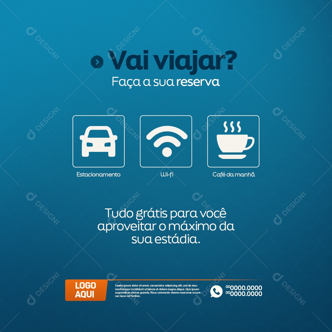 Agência de Viagens Vai Viajar Faça a sua Reserva Estacionamento Wi-fi Café da Manhã Social Media PSD Editável