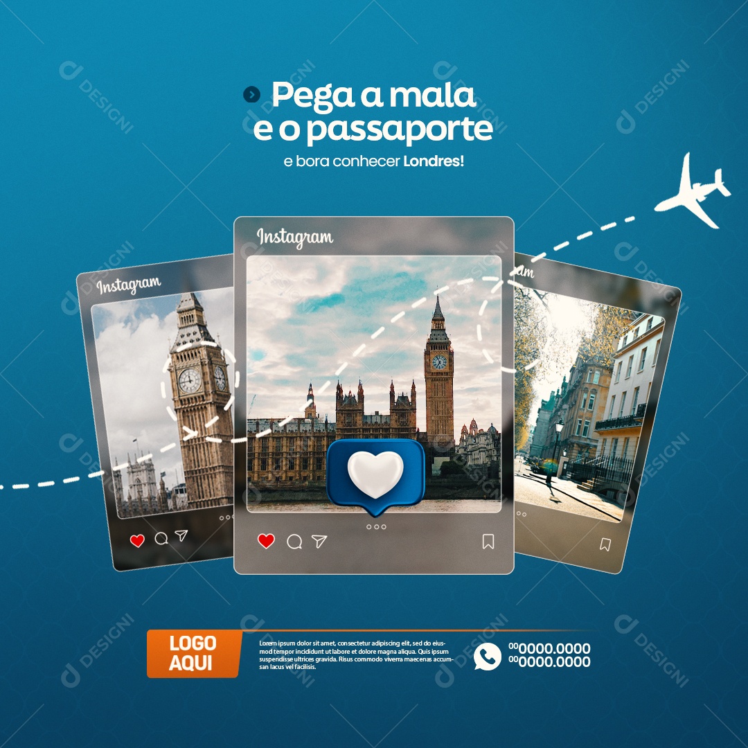 Agência de Viagens Pega a Mala e o Passaporte e Bora Conhecer Londres Social Media PSD Editável