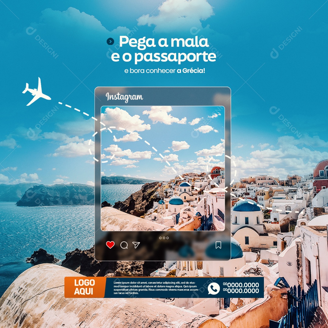Agência de Viagens Pega a Mala e o Passaporte e Bora Conhecer a Grécia Social Media PSD Editável