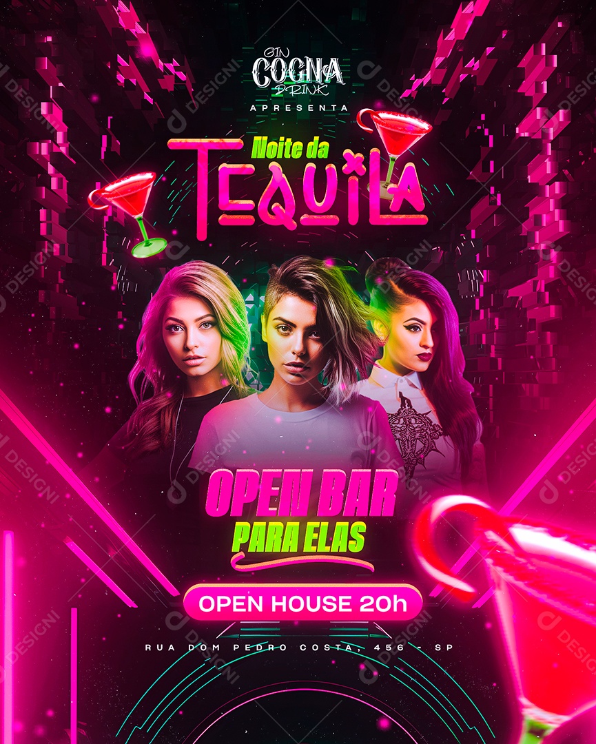 Flyer Noite da Tequila Open Bar para Elas Open House Social Media PSD Editável