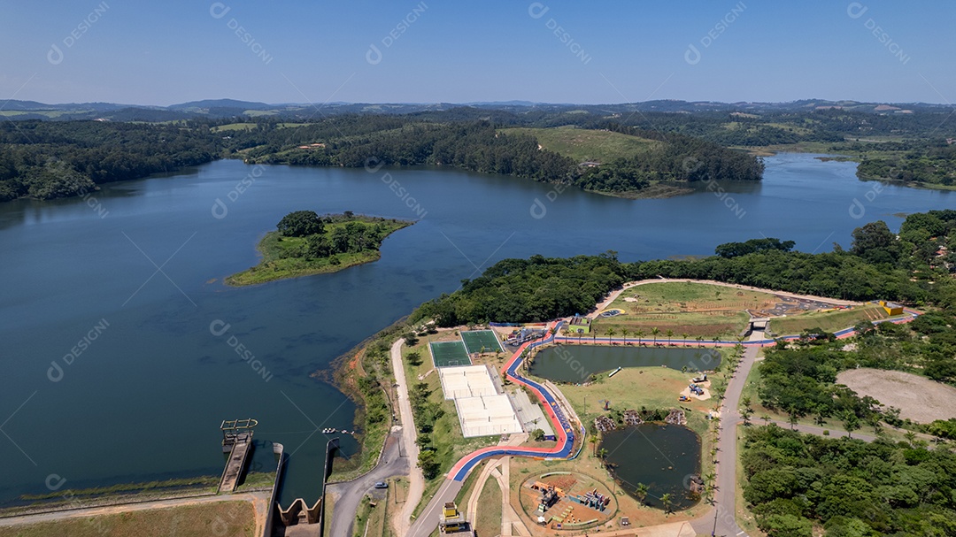 Aerial view of the river edge of the beautiful park