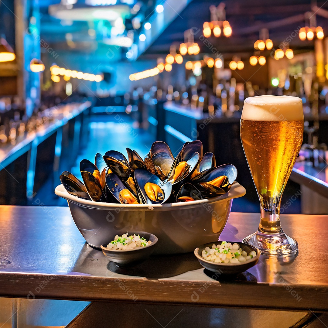 Tigela grande de mexilhões belgas com muita cebola ao lado de um copo de cerveja