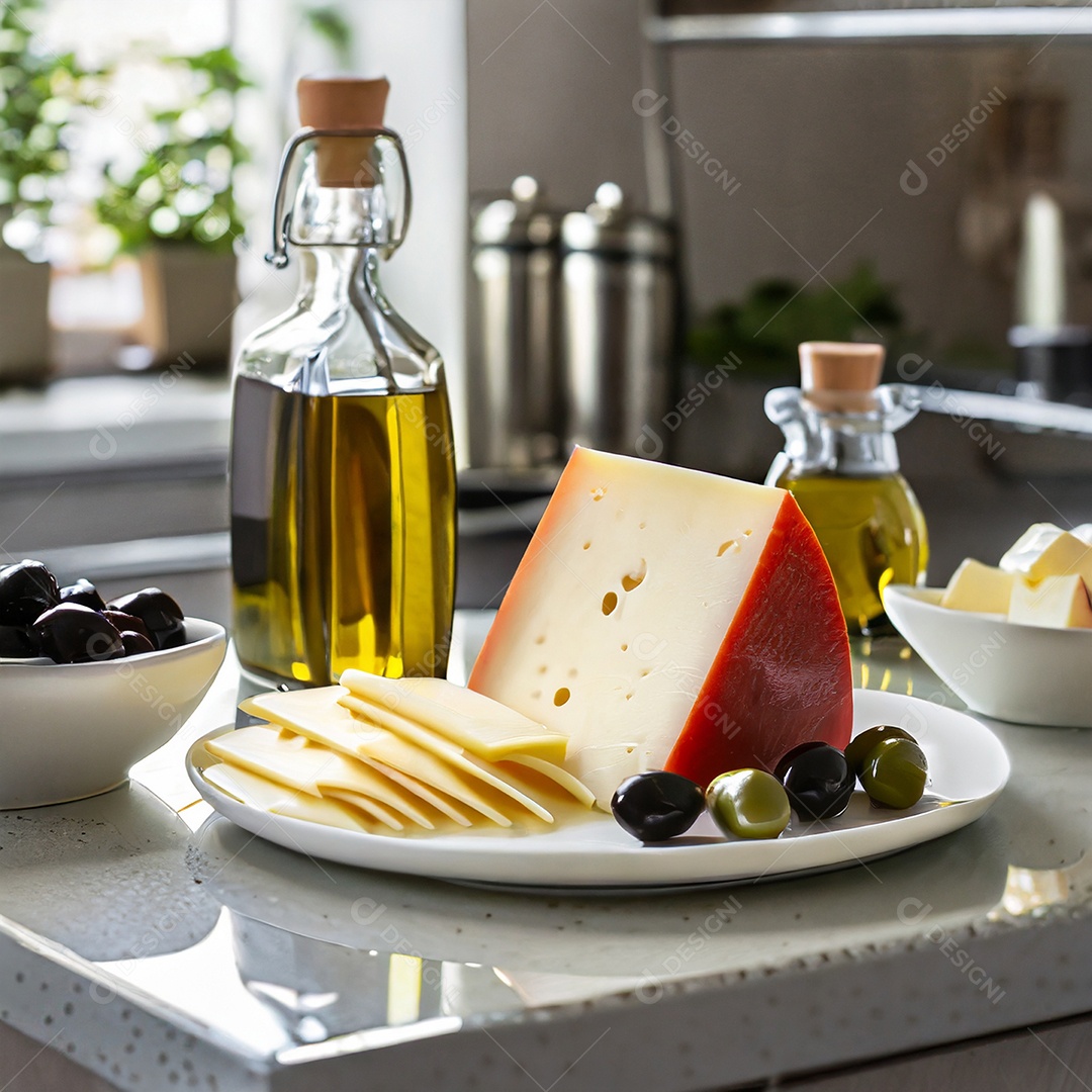 Grande fatia de queijo gouda e cambert em fatias finas