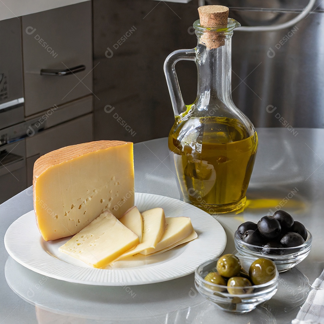 Fatias de queijo com azeite e frutas em tigelas  pequenas