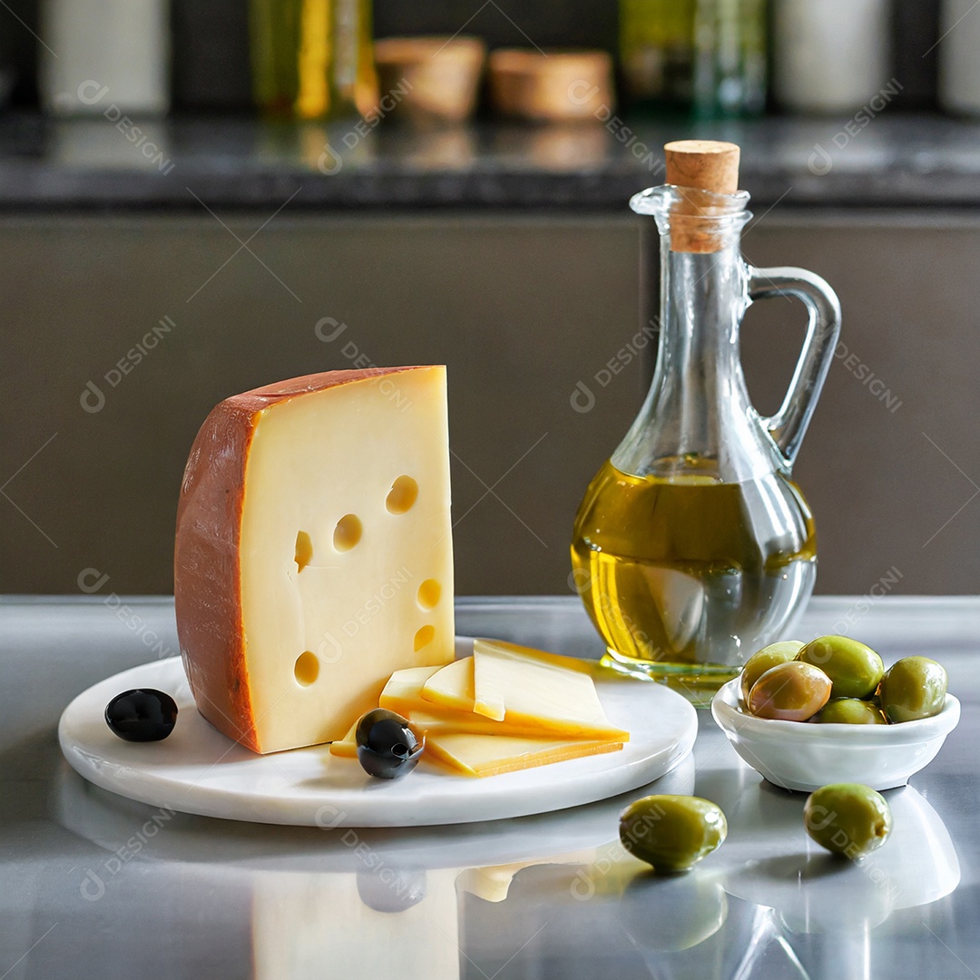 Grande fatia de queijo com azeite e frutas sobre uma mesa