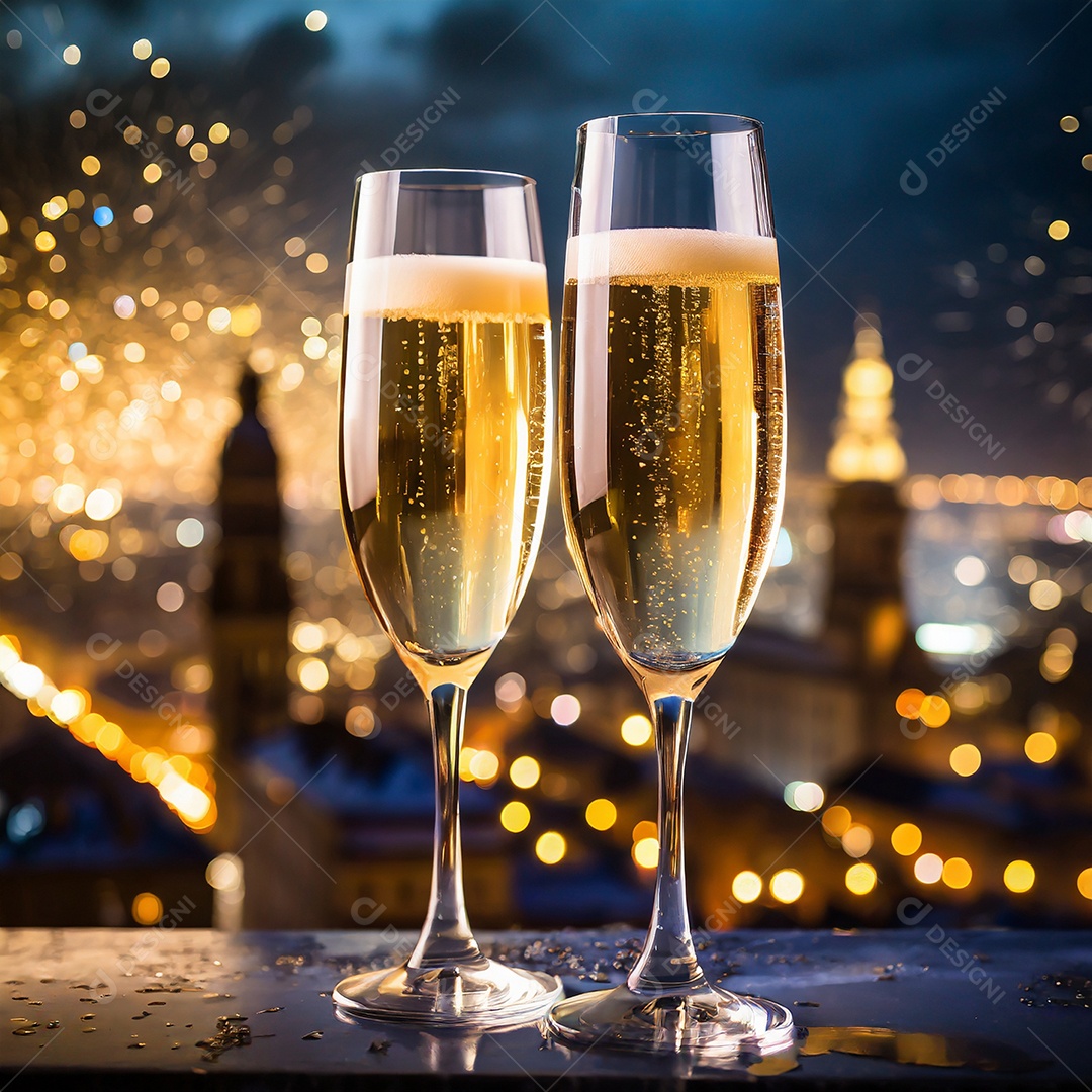 Duas taças de champanhe com bebida dentro brindando em fundo de cidade cheia de luz