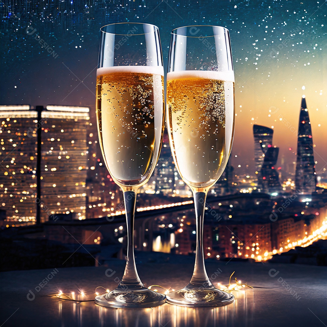 Duas taças de champanhe com bebida dentro brindando em fundo de cidade cheia de luz