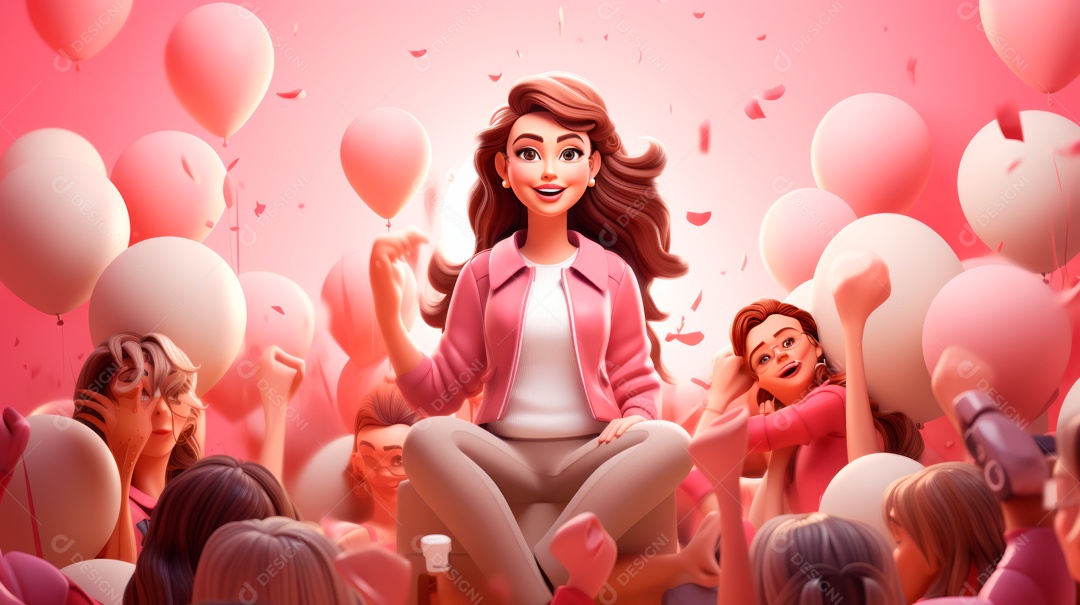 Dia Internacional da Mulher, 8 de março, desenho animado 3D, estilo IA generativo.