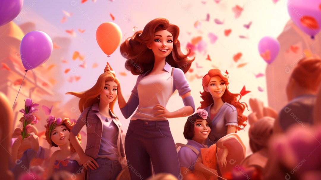 Dia Internacional da Mulher, 8 de março, desenho animado 3D, estilo IA generativo.