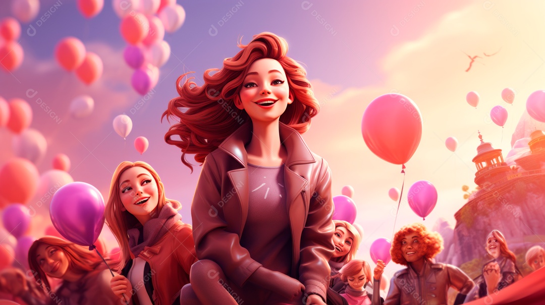 Dia Internacional da Mulher, 8 de março, desenho animado 3D, estilo IA generativo.