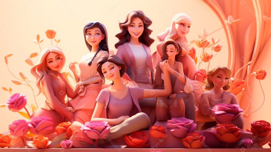 Dia Internacional da Mulher, 8 de março, desenho animado 3D, estilo IA generativo.