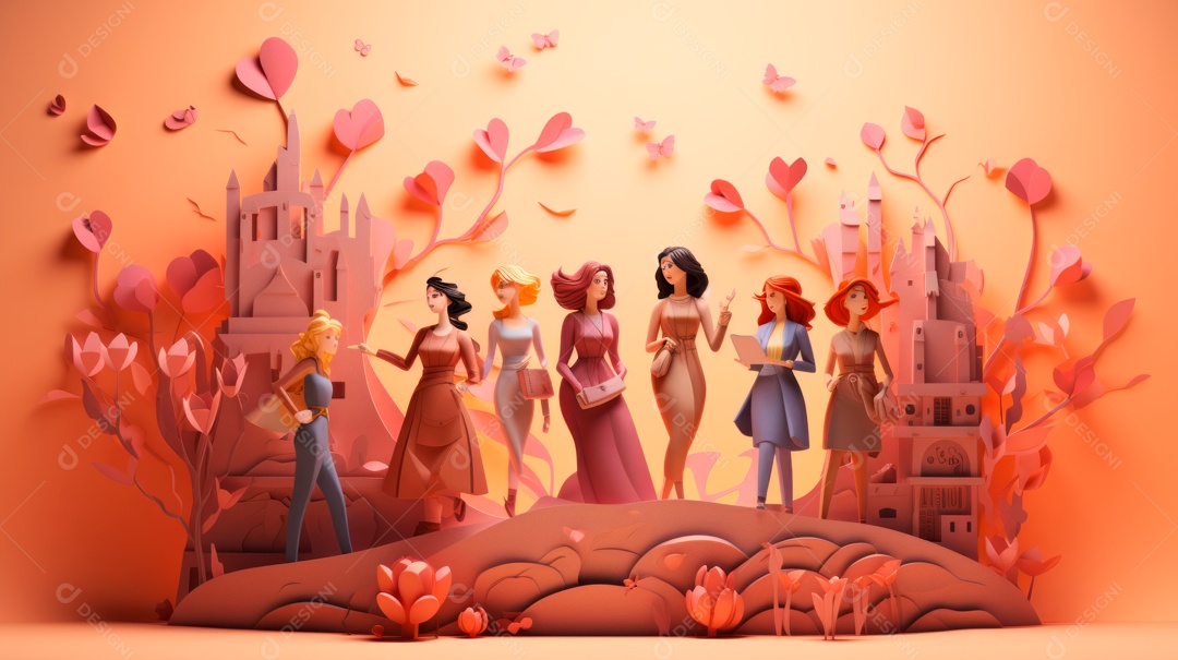 Dia Internacional da Mulher, 8 de março, desenho animado 3D, estilo IA generativo.