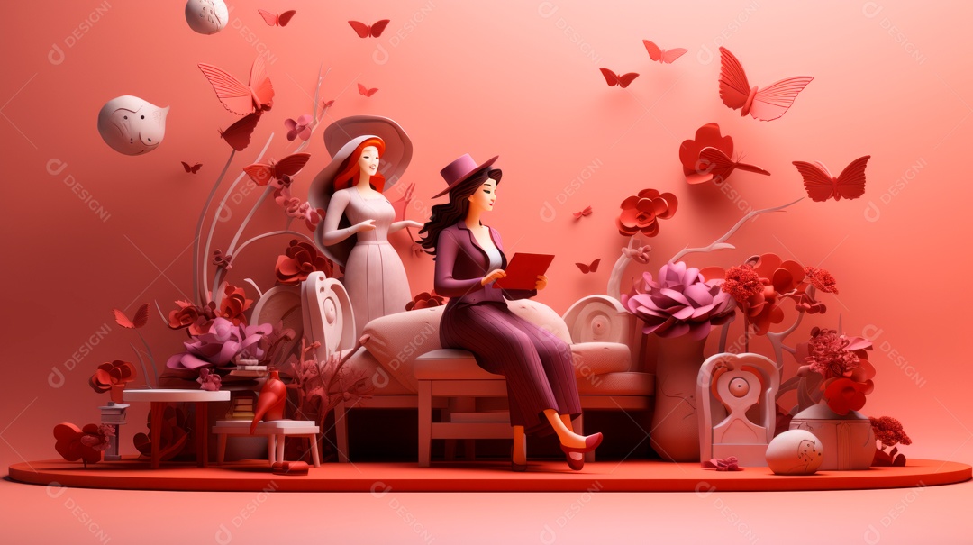 Dia Internacional da Mulher, 8 de março, desenho animado 3D, estilo IA generativo.