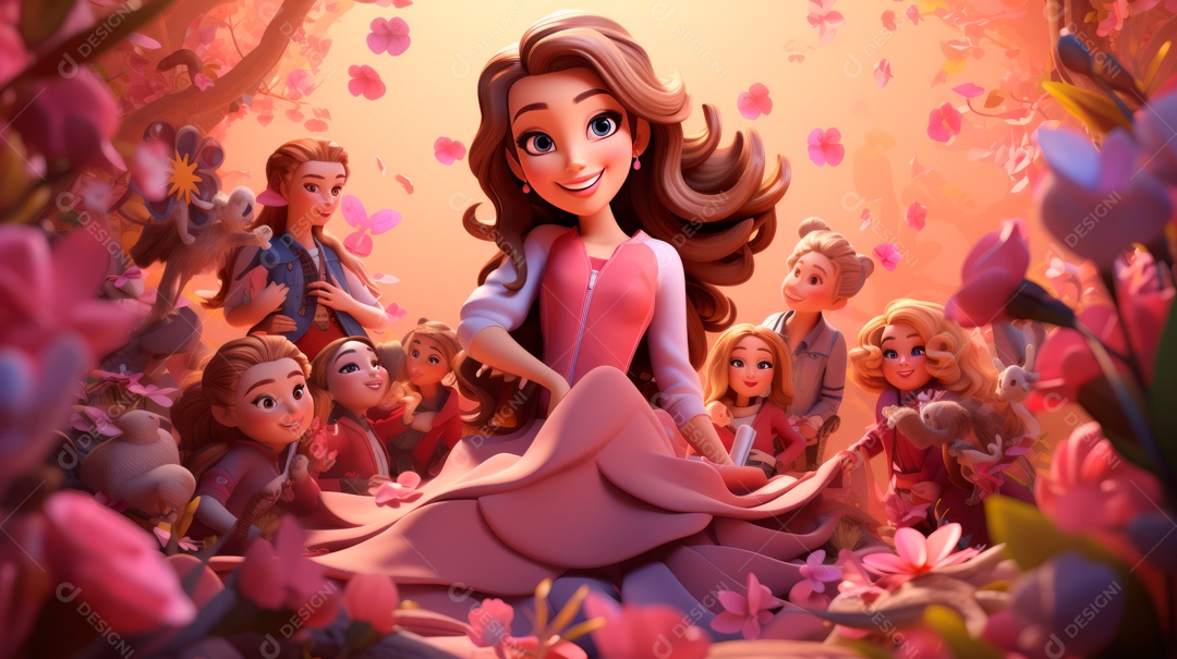 Dia Internacional da Mulher, 8 de março, desenho animado 3D, estilo IA generativo.