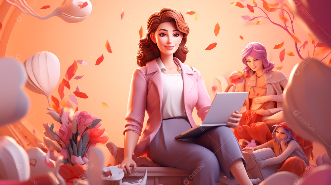 Dia Internacional da Mulher, 8 de março, desenho animado 3D, estilo IA generativo.