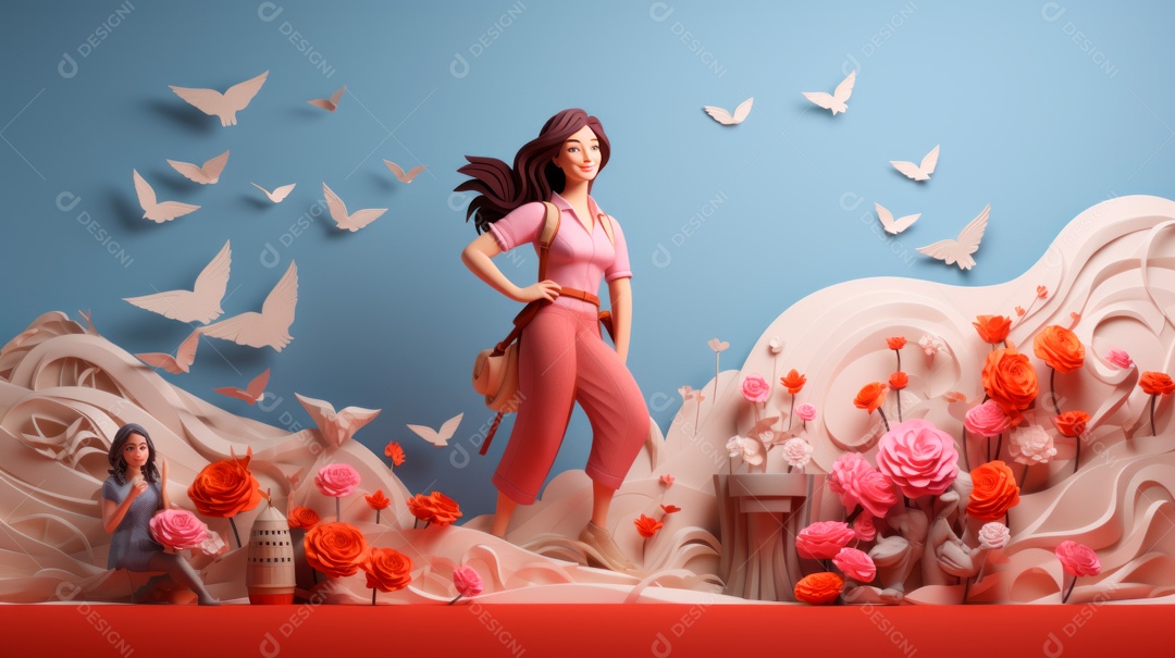 Dia Internacional da Mulher, 8 de março, desenho animado 3D, estilo IA generativo.