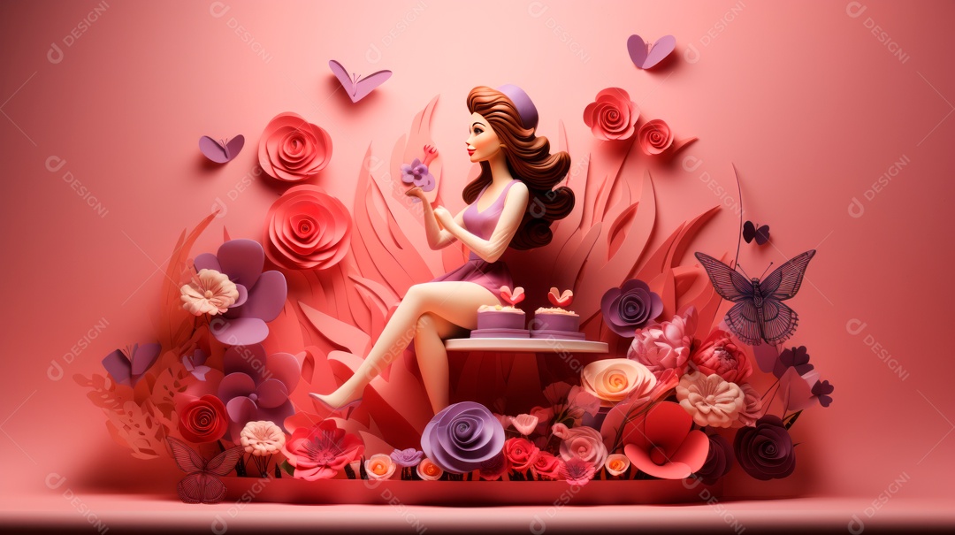 Dia Internacional da Mulher, 8 de março, desenho animado 3D, estilo IA generativo.