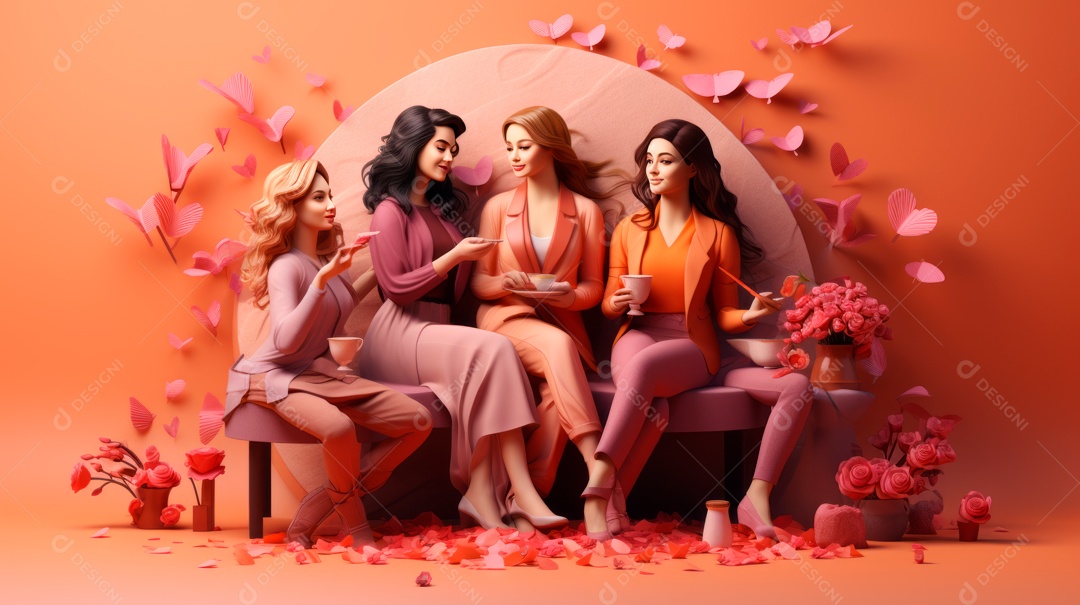 Dia Internacional da Mulher, 8 de março, desenho animado 3D, estilo IA generativo.