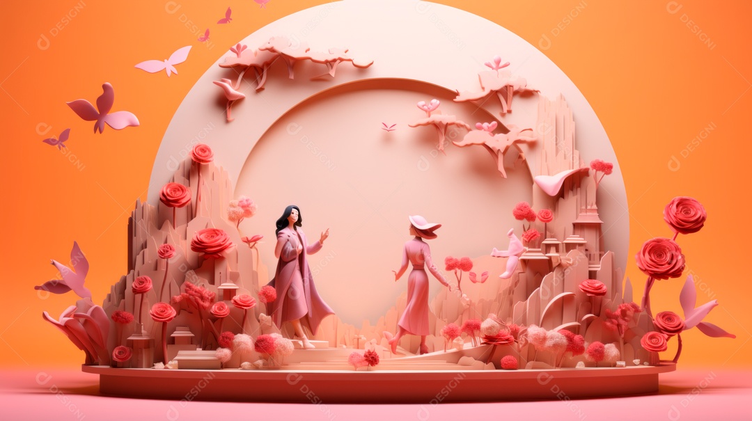 Dia Internacional da Mulher, 8 de março, desenho animado 3D, estilo IA generativo.