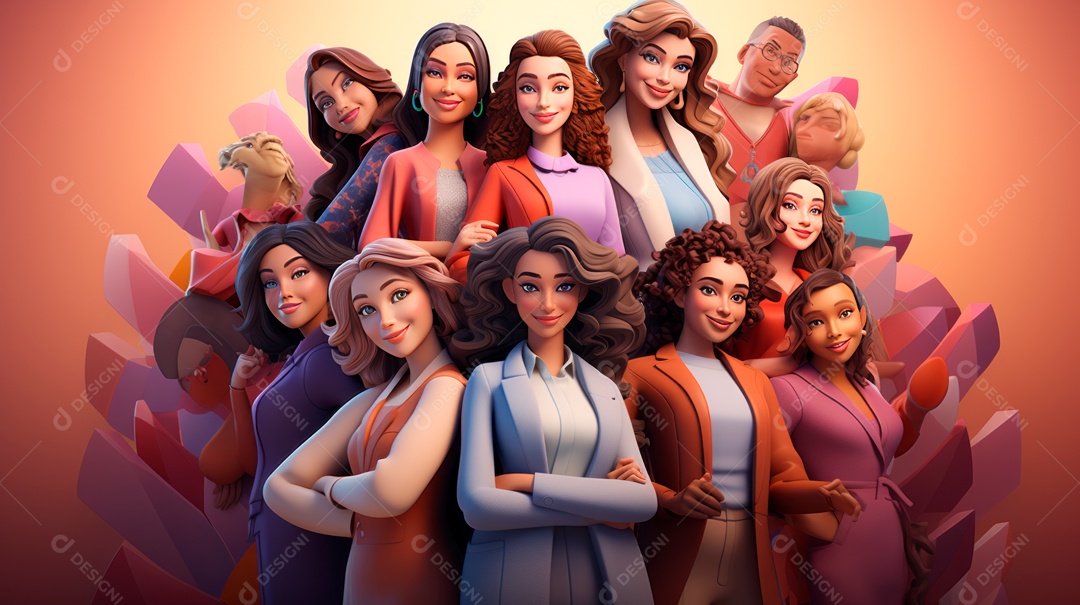 Dia Internacional da Mulher, 8 de março, desenho animado 3D, estilo IA generativo.