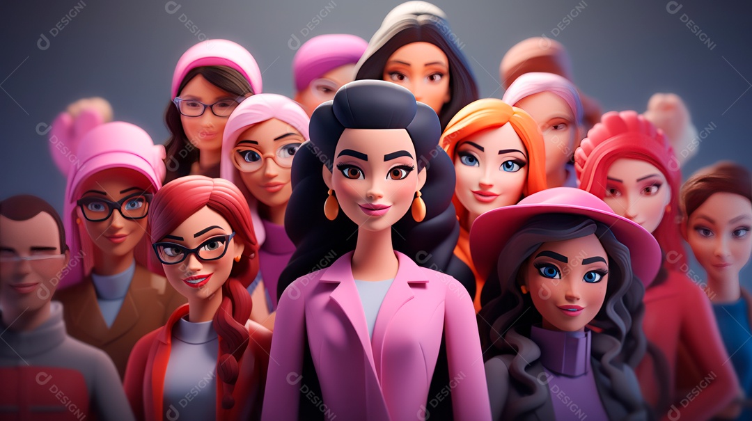 Dia Internacional da Mulher, 8 de março, desenho animado 3D, estilo IA generativo.