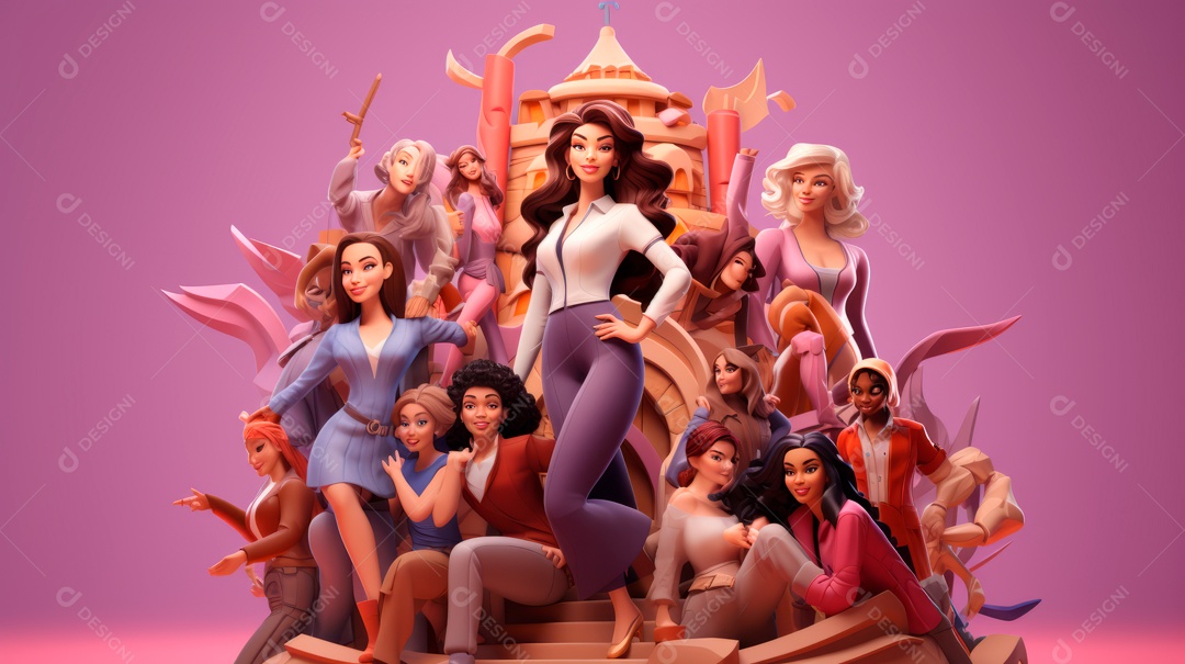 Dia Internacional da Mulher, 8 de março, desenho animado 3D, estilo IA generativo.