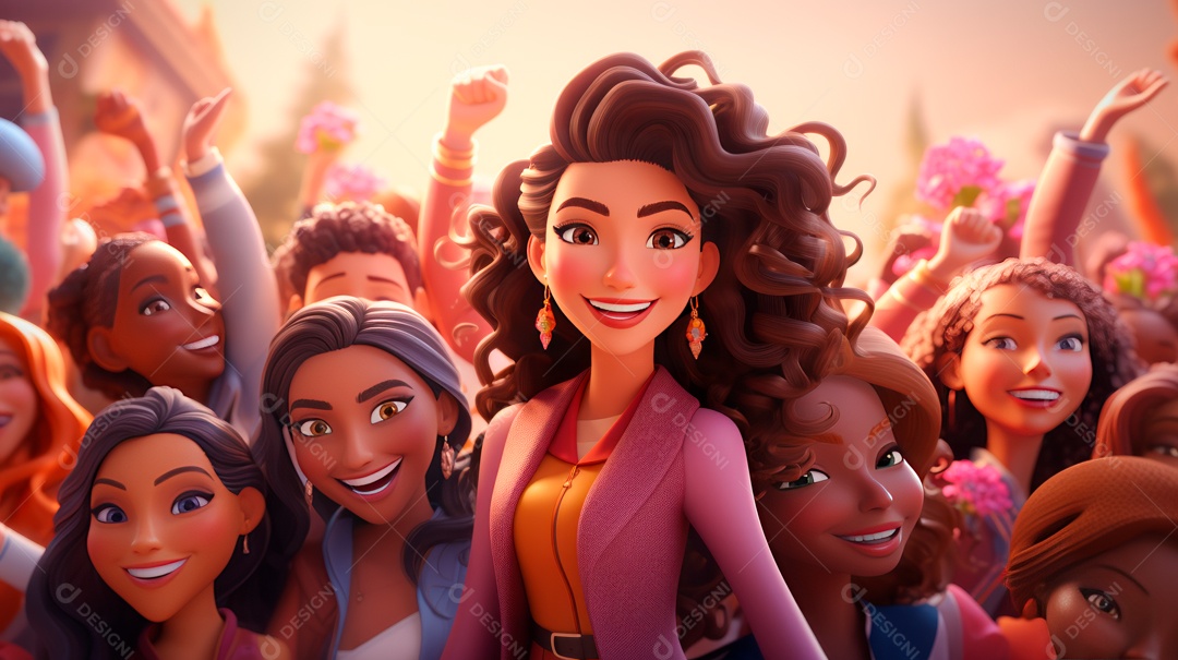 Dia Internacional da Mulher, 8 de março, desenho animado 3D, estilo IA generativo.