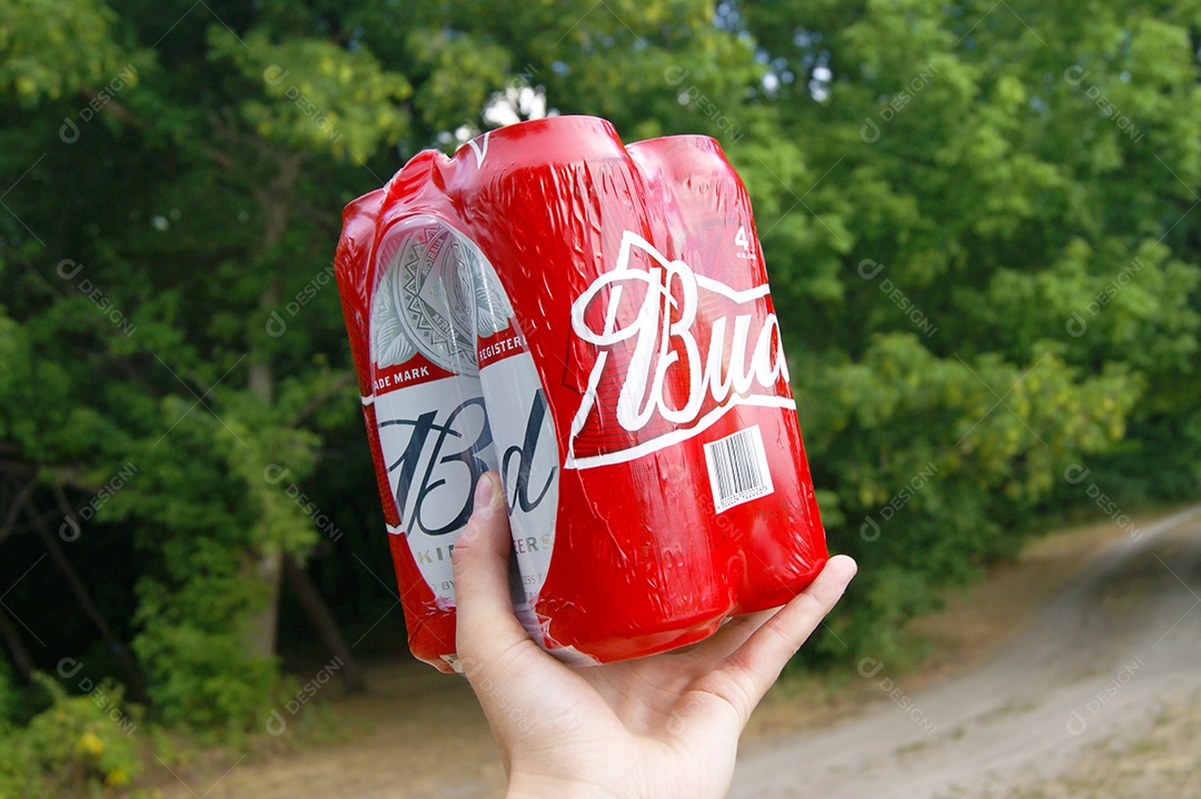 Caixa de cerveja Budweieser sobre fundo de natureza