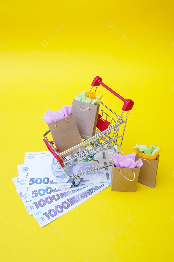 Carrinho cheio de sacolas de presentes e dinheiro abaixo