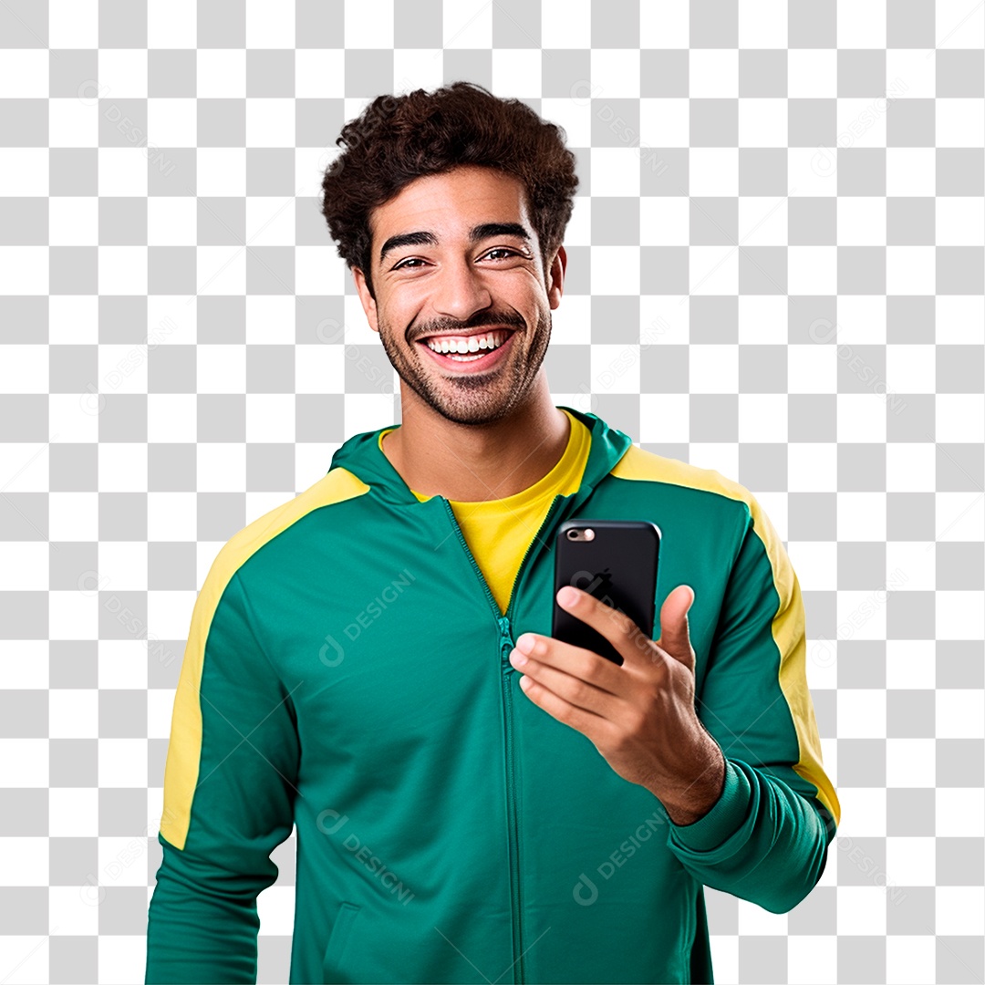 Homem Sorrindo Segurando seu Celular PNG Transparente
