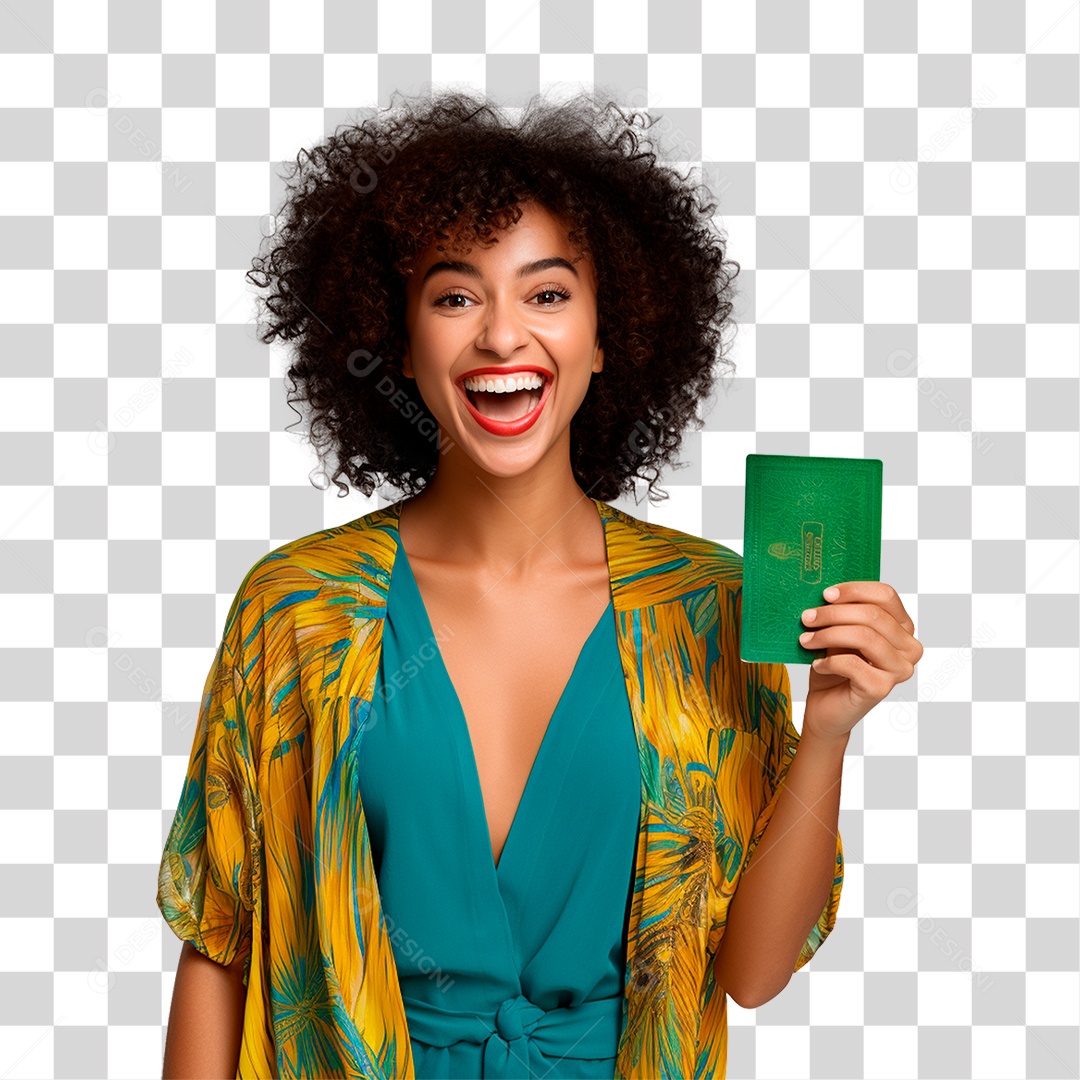 Mulher Sorrindo Feliz Segurando seu Passaporte de Viagem PNG Transparente