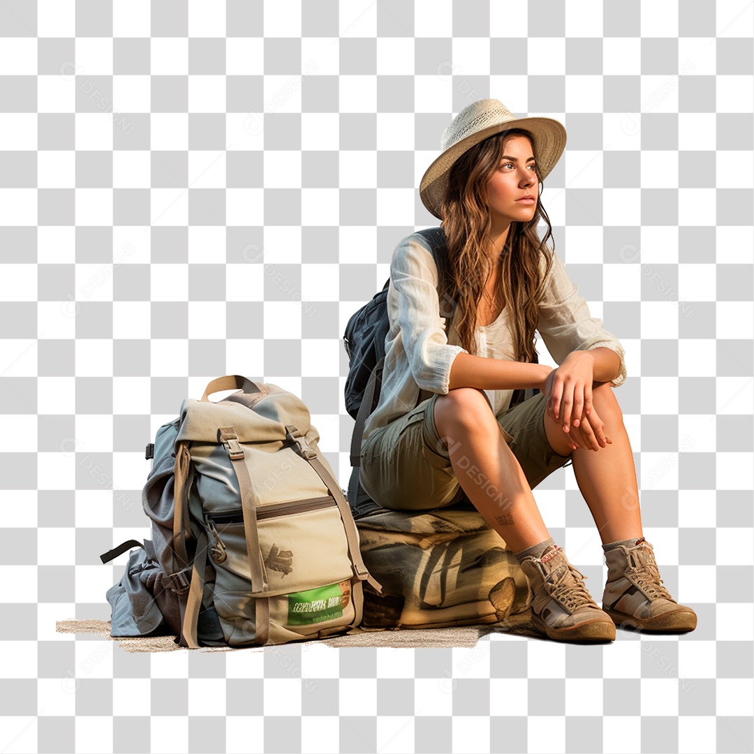 Mulher Turista Sentada em Mala de Viagem PNG Transparente