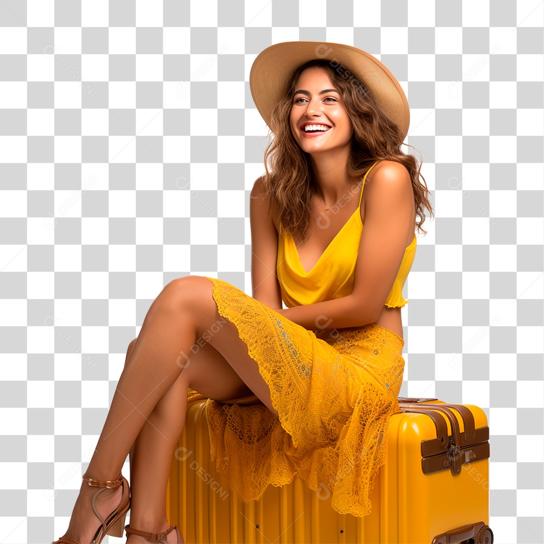 Mulher Turista Sentada em Mala de Viagem PNG Transparente