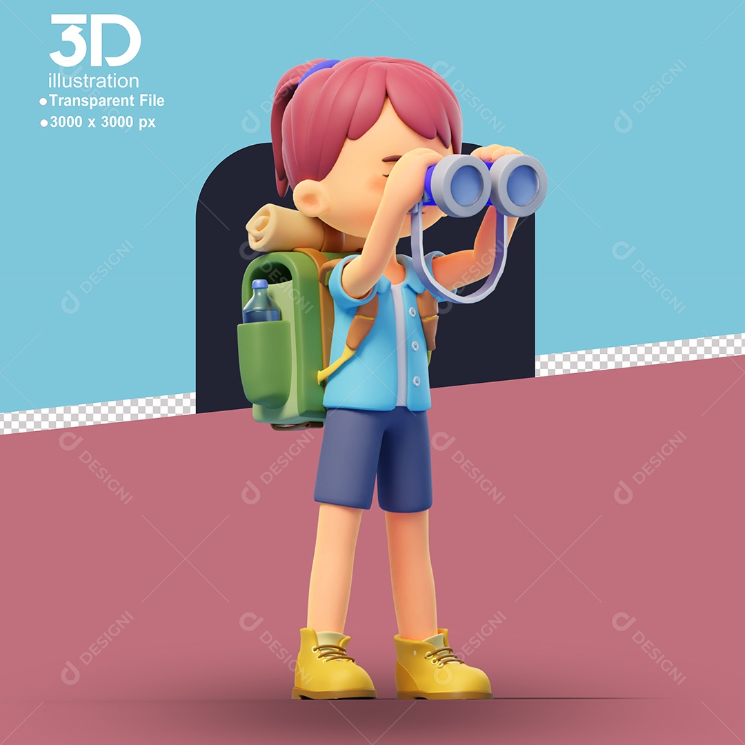 Acampamento Menina com Binóculos Elemento 3D para Composição PSD