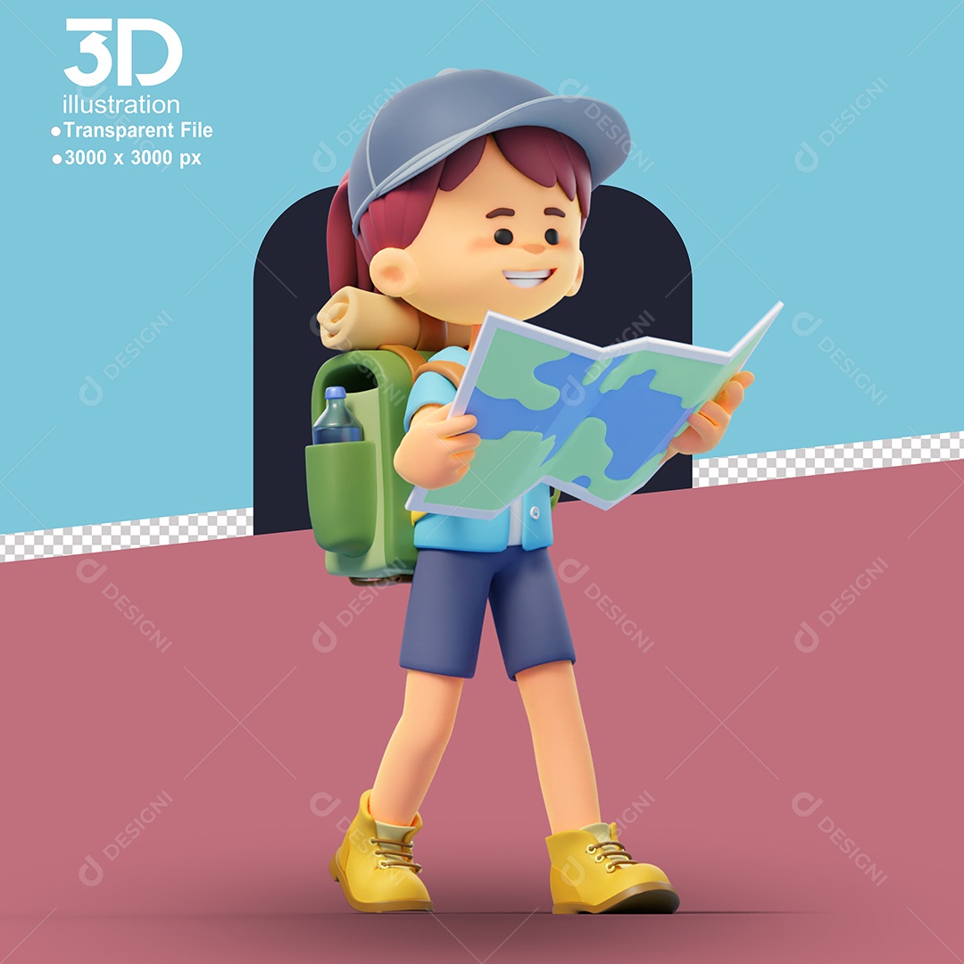 Acampamento Menina com Mapa Elemento 3D para Composição PSD