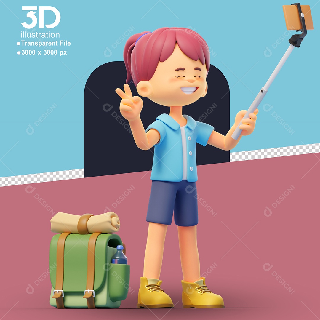 Acampamento Menina Tirando uma Selfie Elemento 3D para Composição PSD
