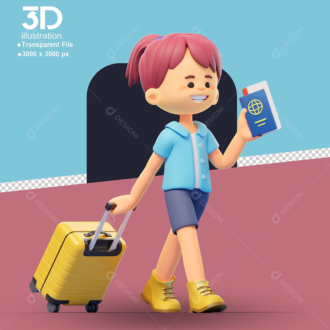 Menina com Mala e Passaporte Indo Viajar Elemento 3D para Composição PSD