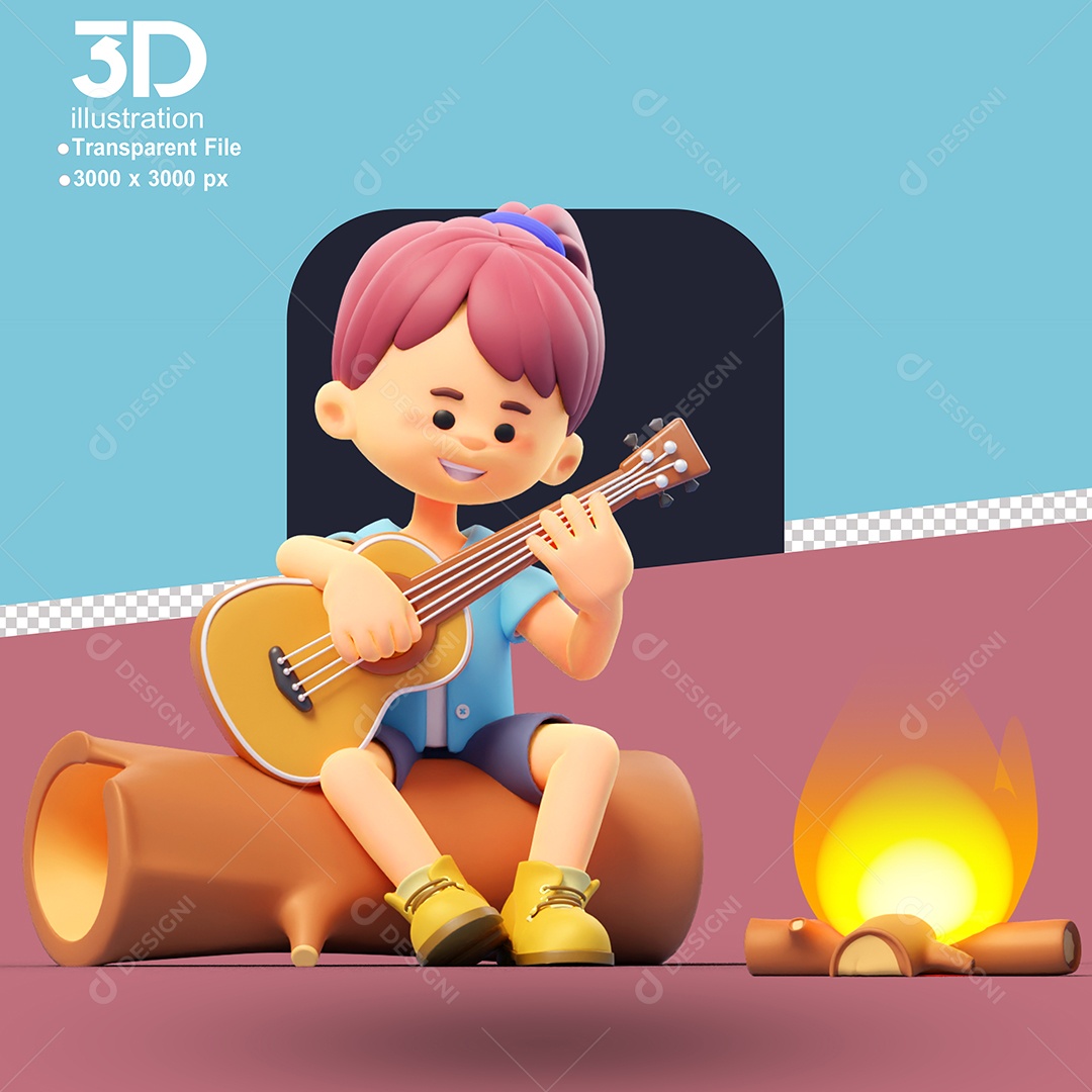 Acampamento Menina Tocando Violão Perto da Fogueira Elemento 3D para Composição PSD