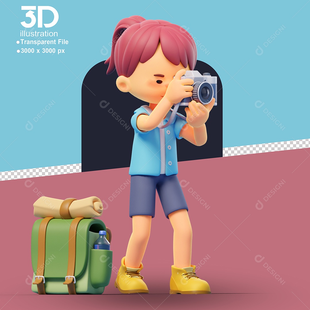 Acampamento Menina Tirando Foto Elemento 3D para Composição PSD