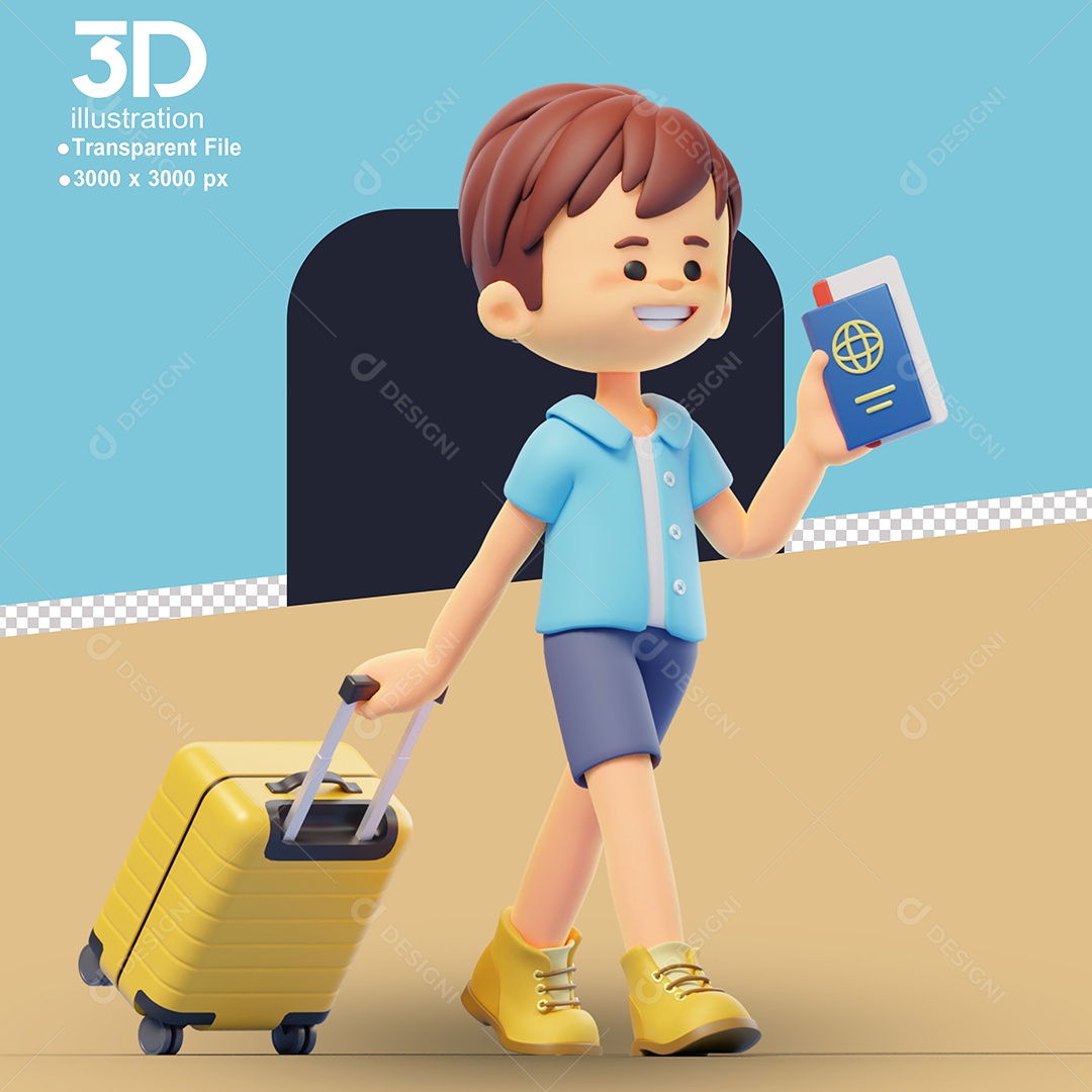 Acampamento Menino com Mala e Passaporte Elemento 3D para Composição PSD