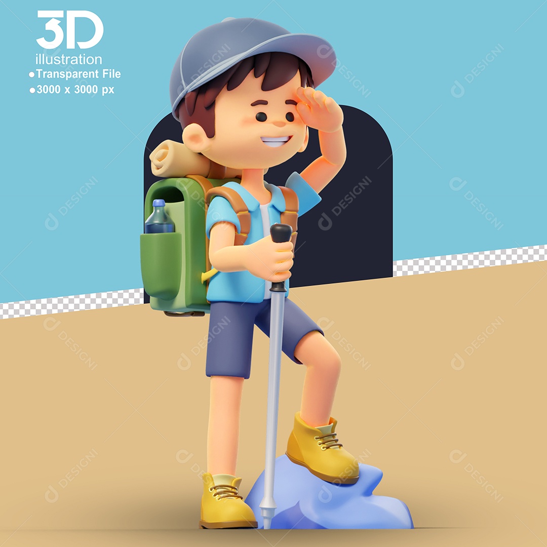 Acampamento Menino  com Bastão Elemento 3D para Composição PSD