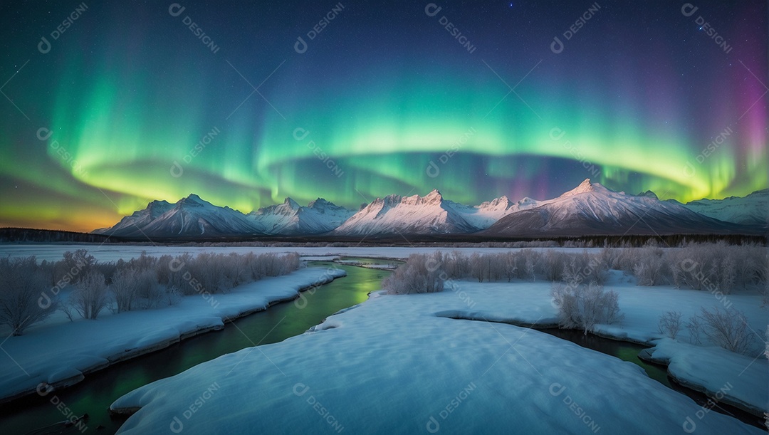 Aurora Boreal em uma paisagem gelada com cores vibrantes cruzando o céu noturno