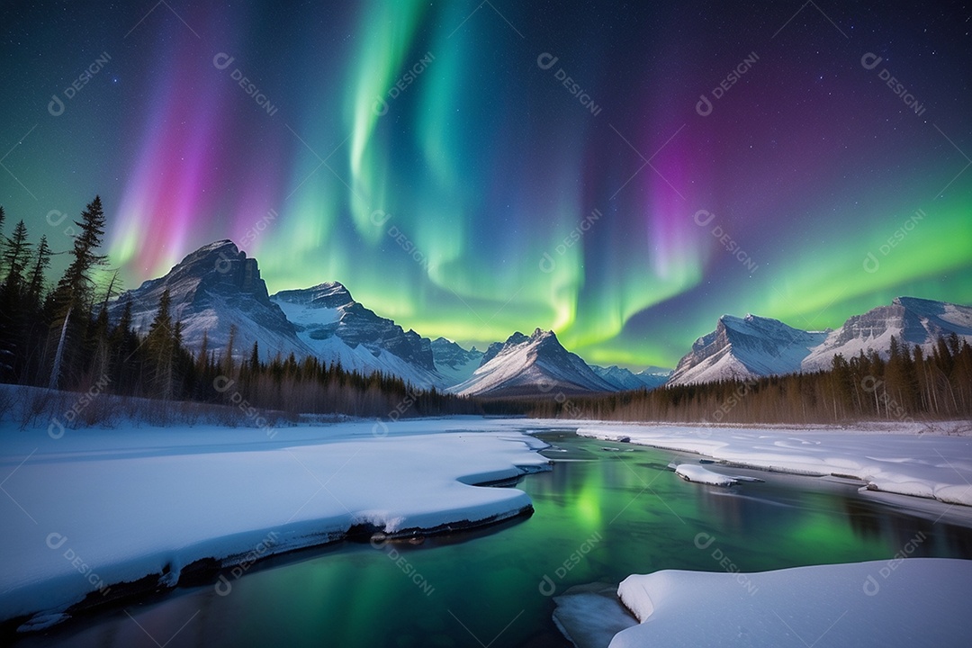 Aurora Boreal em uma paisagem gelada com cores vibrantes cruzando o céu noturno