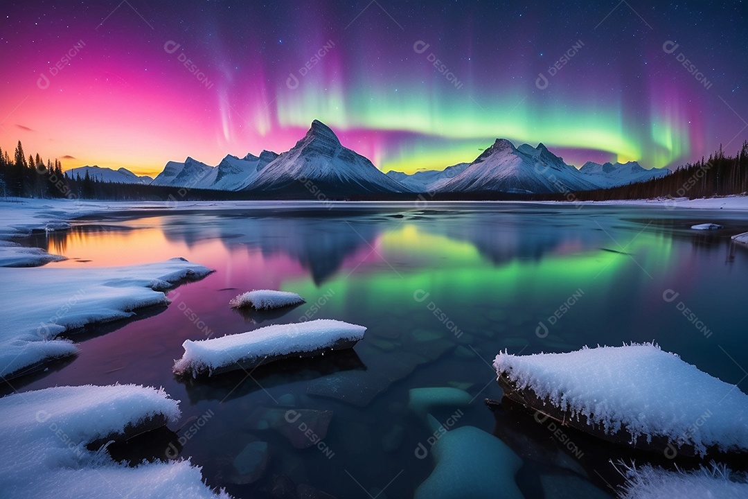 Aurora Boreal em uma paisagem gelada com cores vibrantes cruzando o céu noturno