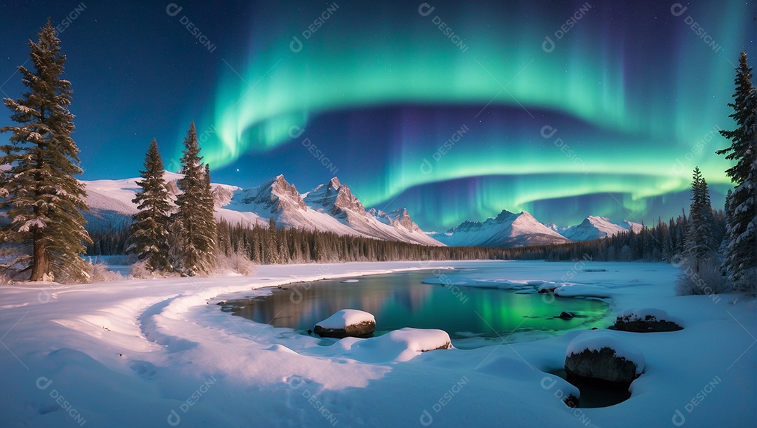 Aurora Boreal em uma paisagem gelada com cores vibrantes cruzando o céu noturno